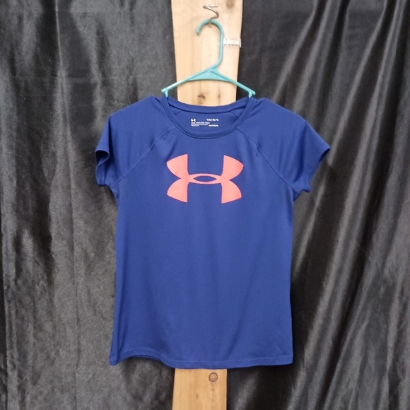 Blue w/ pink under armor logo size youth large short sleeve athletic t s… - Picture 1 of 9